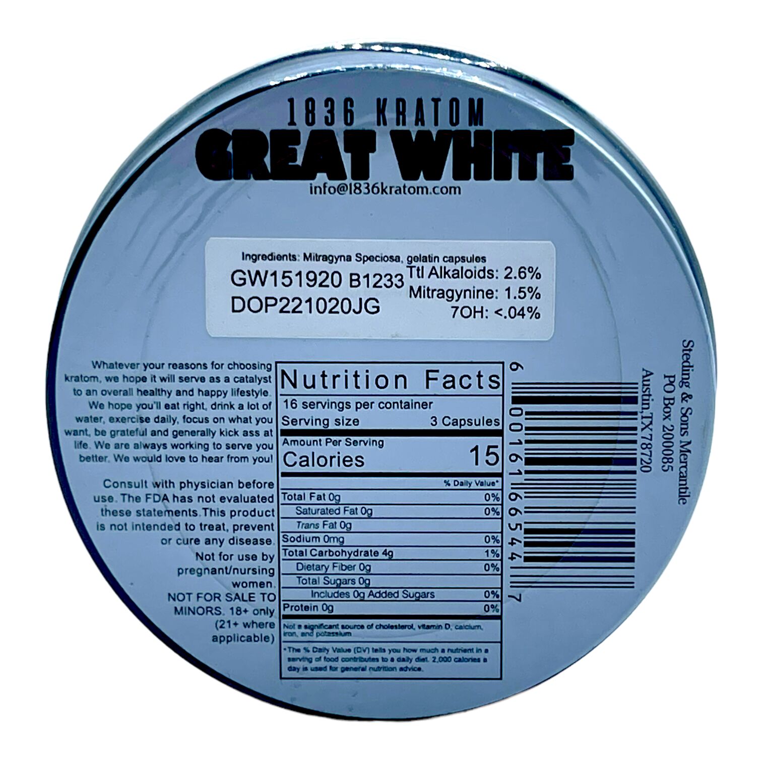 1836 Kratom Great White Jumbo Capsules | Image 5 | 1836 Kratom Great White Jumbo Capsules