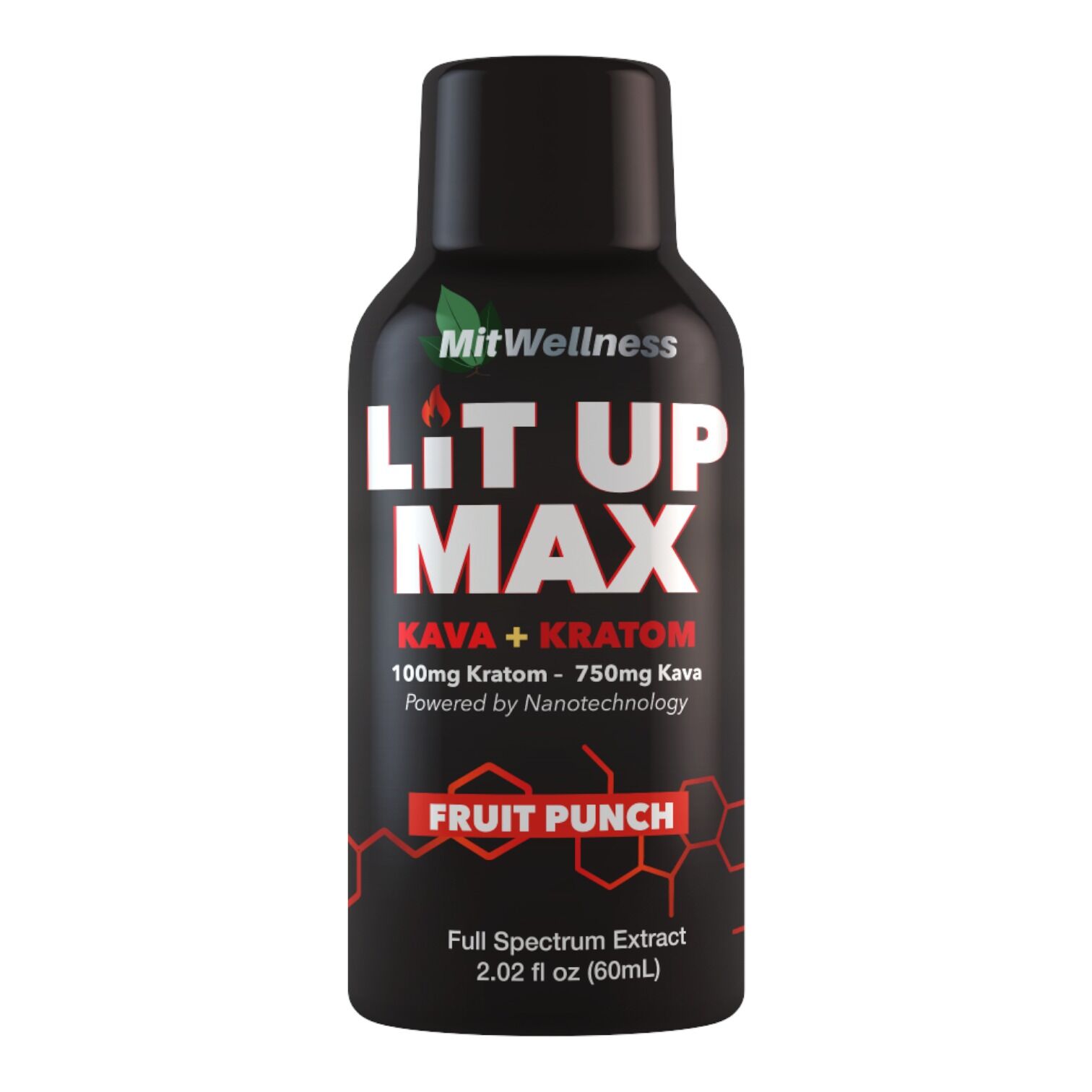 Lit Up Max Fruit Punch Kava and Kratom Shot, 100mg Kratom 500mg Kava 60mL | Image 1 | Lit Up Max Fruit Punch Kava and Kratom Shot, 100mg Kratom 500mg Kava 60mL