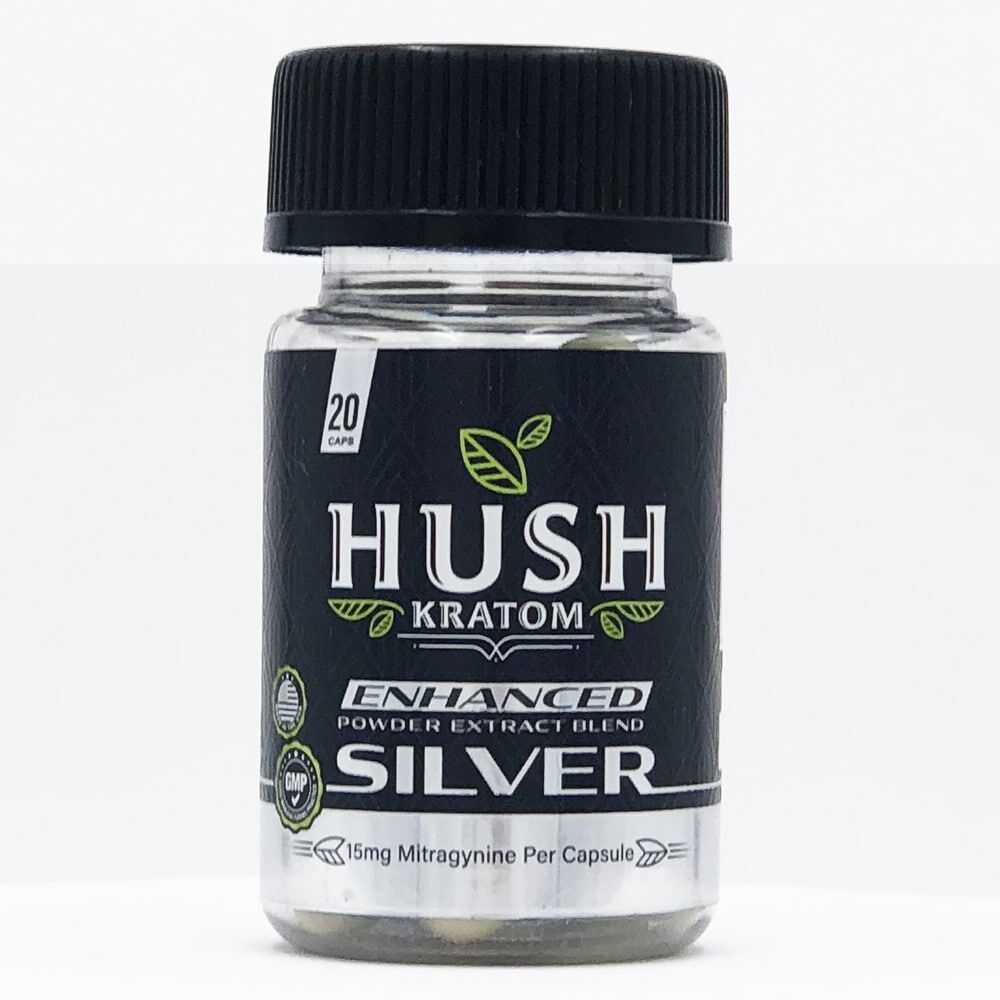 HUSH Silver Enhanced Kratom Extract Capsules 20ct | Image 1 | HUSH Silver Enhanced Kratom Extract Capsules 20ct