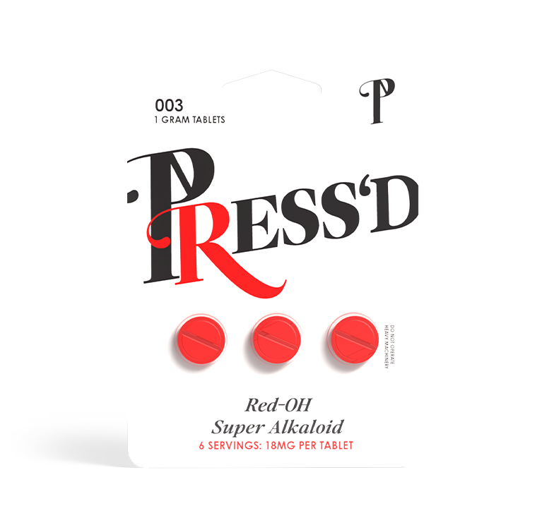 Press'D Kratom Red-OH 5X 7-OH Tablets 18mg 3ct | Image 1 | Press’D Kratom Red-OH 5X 7-OH Tablets 18mg 3ct