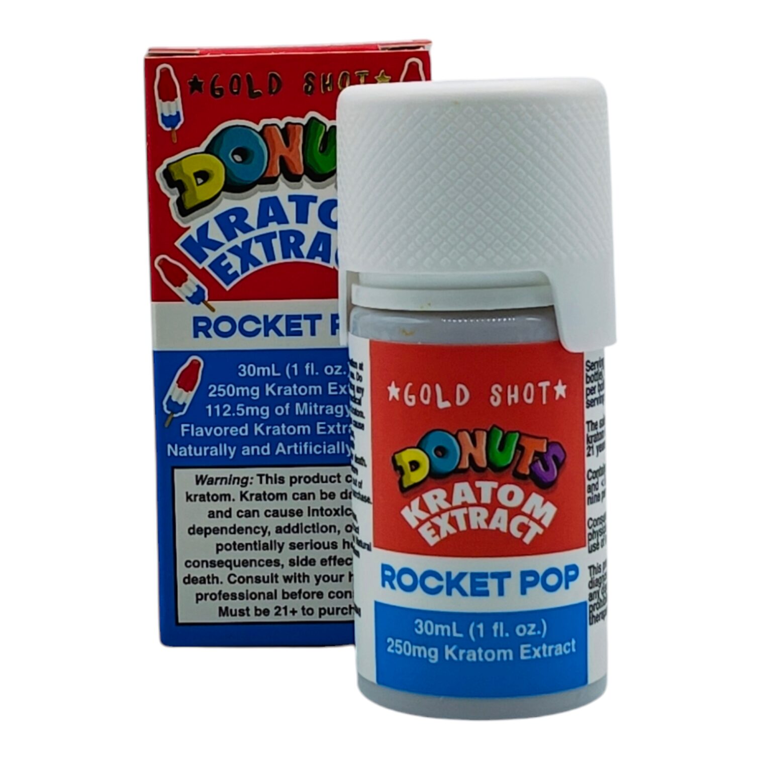 Donuts Gold Rocket Pop Kratom Shot 250mg 30mL | Image 1 | Donuts Gold Rocket Pop Kratom Shot 250mg 30mL