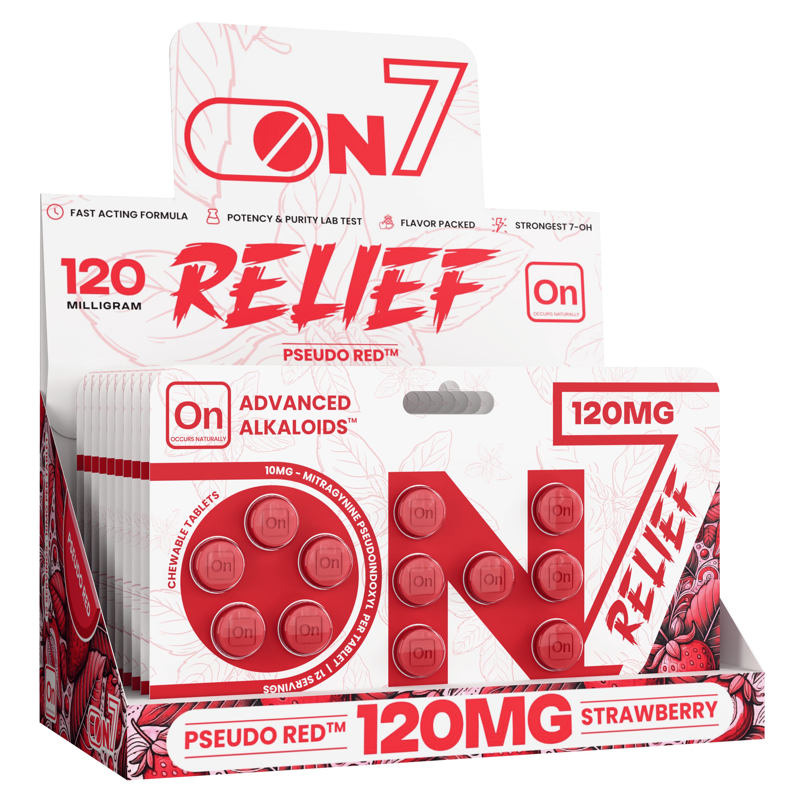 On7 Pseudo Red Relief Tablets Strawberry 120mg 12ct | Image 7 | On7 Pseudo Red Relief Tablets Strawberry 120mg 12ct